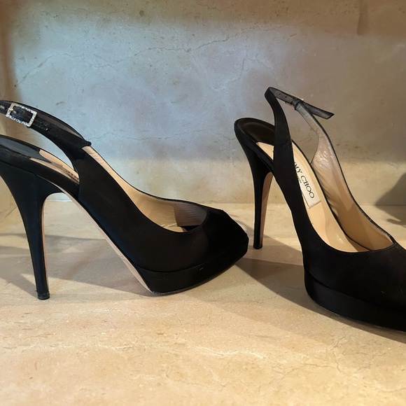 Jimmy Choo Black Satin Peep Toe Platform Slingback Heel - Picture 5 of 7